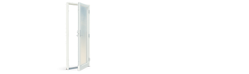 Hvit balkongdør i tre i åpen posisjon sett fra utsiden