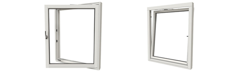 Innadslående vindu i tre sett fra innsiden og utsiden. Lett å vaske og ofte brukt som rømningsvindu
