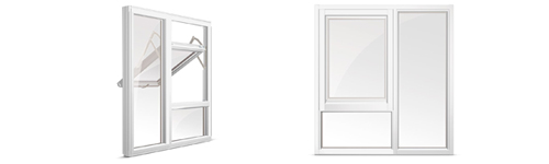 Kombivindu i tre sett fra innsiden og utsiden. Med fastkarm og lukkeramme